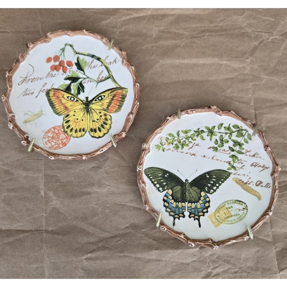 Set of 2 Mud Pie Nesting Wall Hanging Plates Butterflies Script Writing